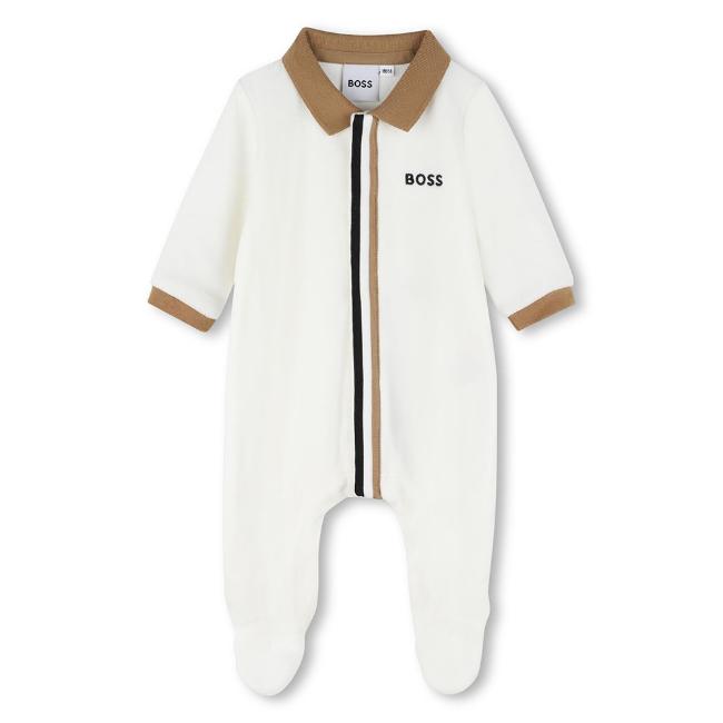 Picture of BOSS Baby Boys Logo Velour Babygrow - Cream Beige