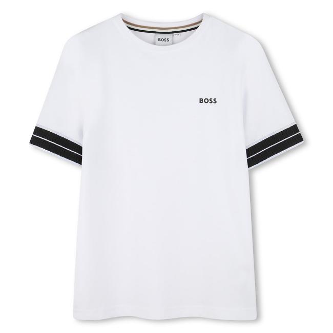 Picture of BOSS Boys Stripe Arm Logo T-shirt - White