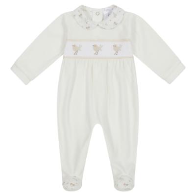 Picture of Deolinda Baby Birdy Velour Babygrow With Embroidery & Smocked Panel - Ivory