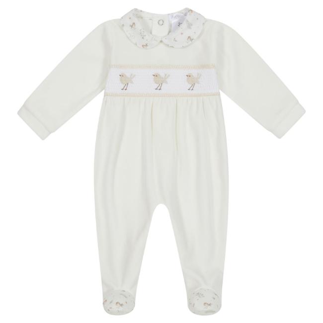 Picture of Deolinda Baby Birdy Velour Babygrow With Embroidery & Smocked Panel - Ivory