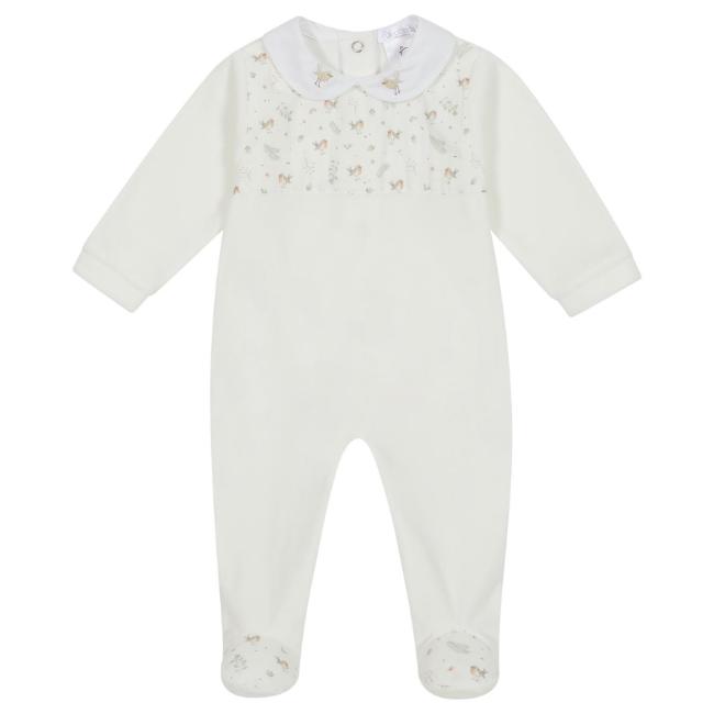 Picture of Deolinda Baby Birdy Velour Babygrow With Print Bodice - Ivory