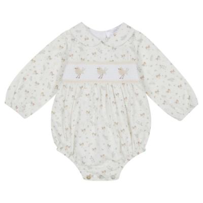 Picture of Deolinda Baby Birdy Print Romper With Embroidery & Smocked Panel - Ivory