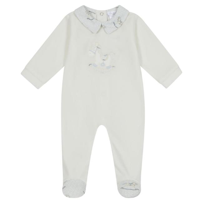 Picture of Deolinda Baby Florence Rocking Horse Applique Velour Babygrow - White Blue