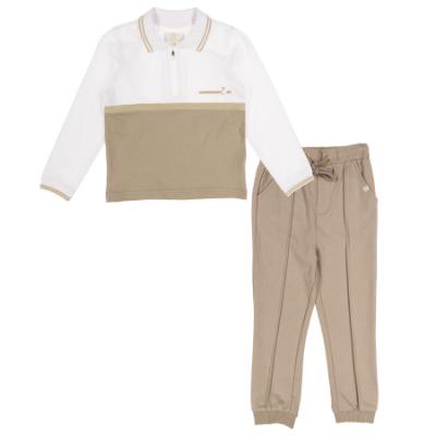 Picture of Caramelo Kids Boys Pique Zip Neck Long Sleeve Polo Set Set - White Beige