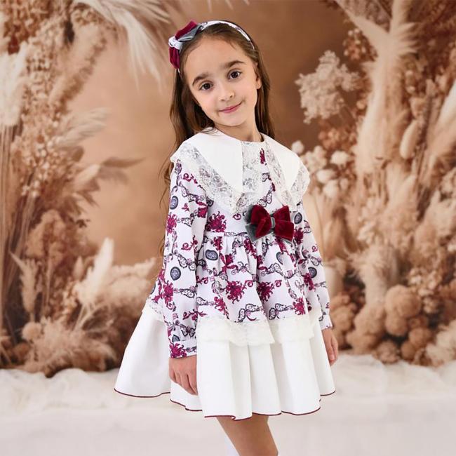 Picture of Rochy Girls Moneda Winter Collection Lace Trim Dress - Burgundy Grey