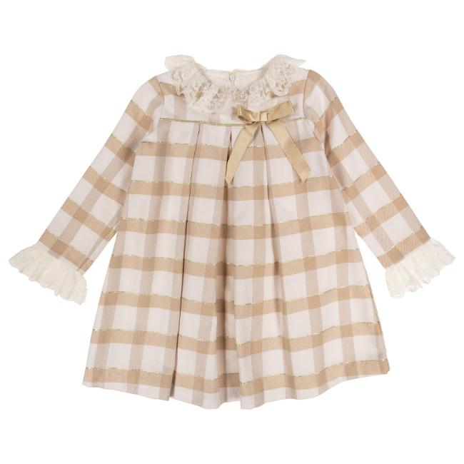 Picture of Rochy Girls Gold Winter Collection Lace Collar Dress - Beige Check Gold