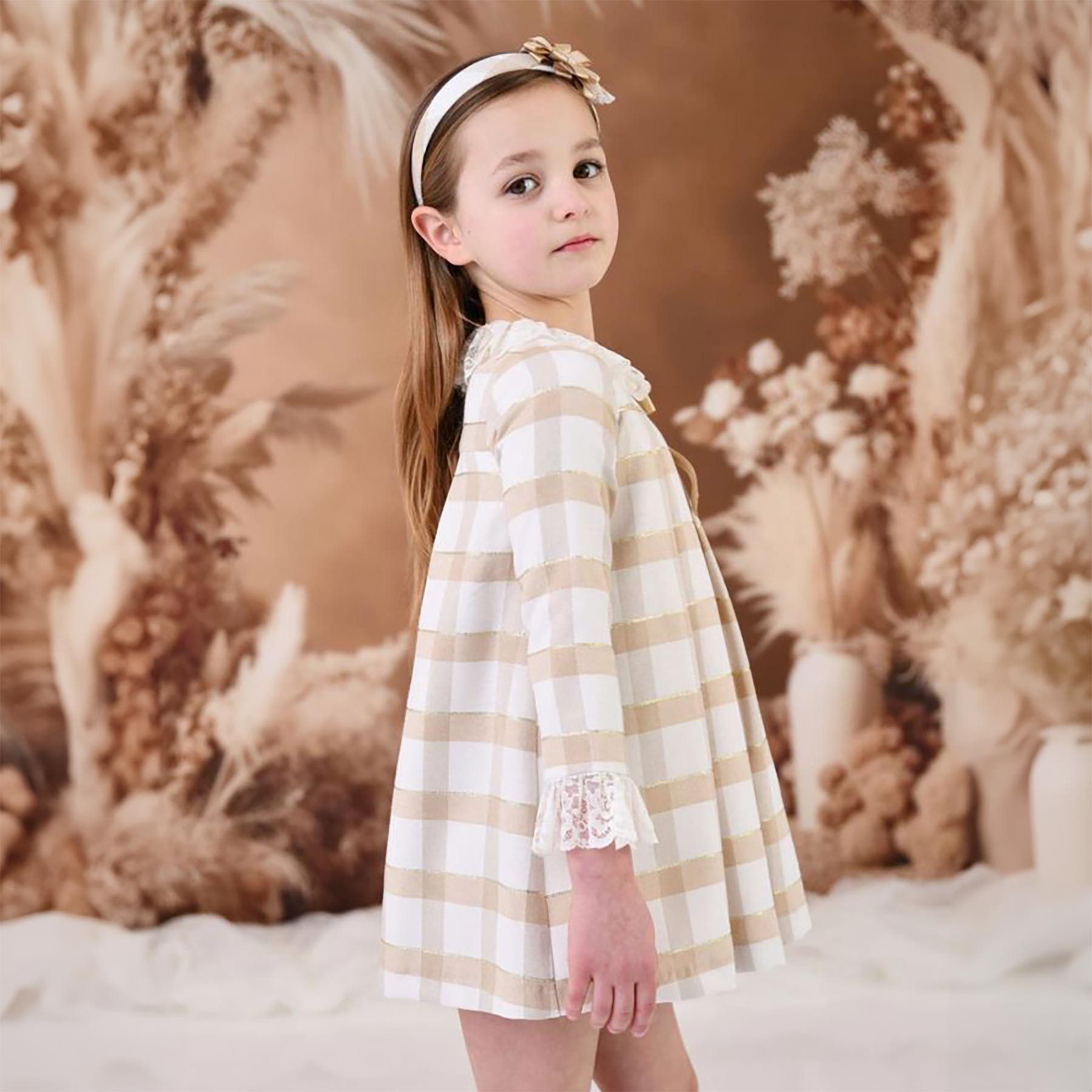 Rochy Girls Gold Winter Collection Lace Collar Dress Beige Check Gold