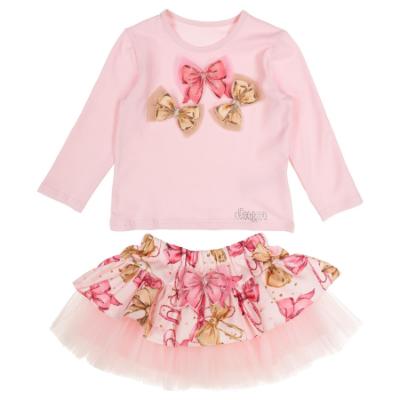 Picture of Daga Girls Pretty In Pink Top & Bow Print & Tulle Skirt Set - Pink