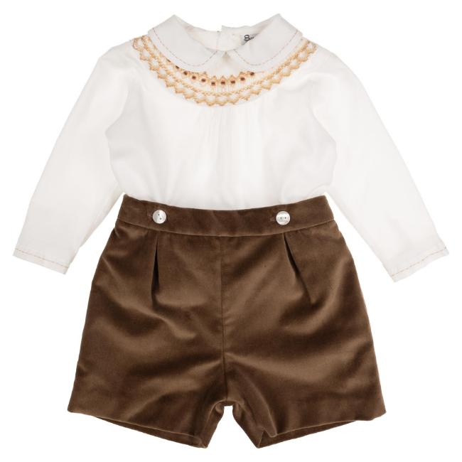 Picture of Sarah Louise Boys Smocked Blouse & Velvet Short Set - Ivory Gold Brown