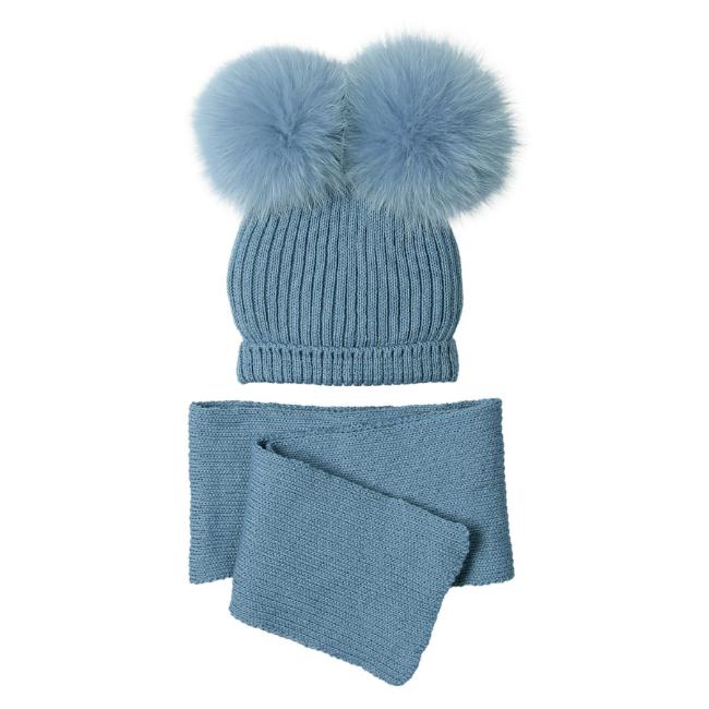 Picture of Mac Ilusion Baby Luxury Collection Detachable Double Pom Pom Hat & Scarf Set - Blue Dream