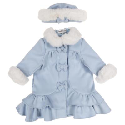 Picture of Sarah Louise Girls Winter Coat & Hat Set With Faux Fur Trim X 2 - Pale Blue Ivory