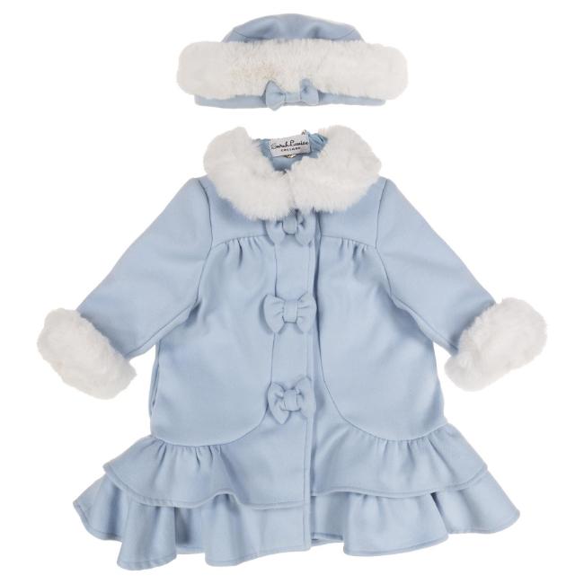 Picture of Sarah Louise Girls Winter Coat & Hat Set With Faux Fur Trim X 2 - Pale Blue Ivory