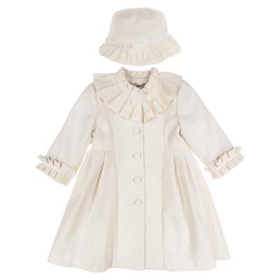 Picture of Sarah Louise Girls Winter Coat & Hat Set with Velvet Ruffles X 2 - Ivory