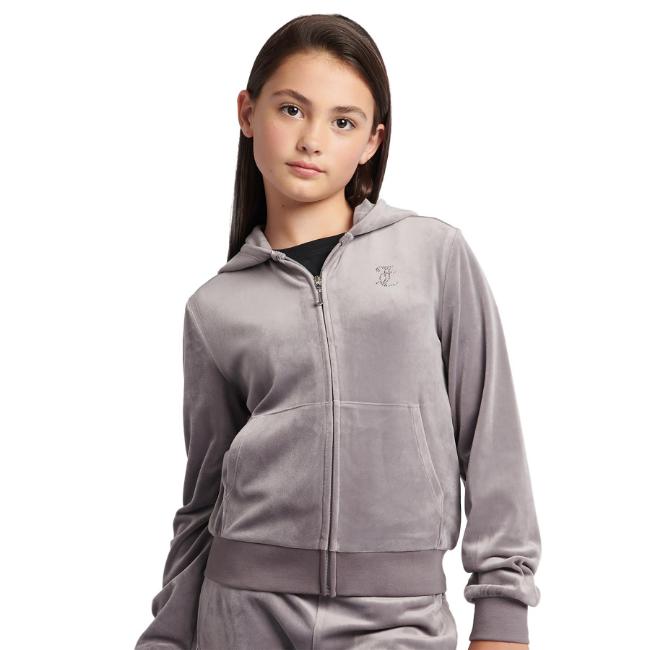 Picture of Juicy Couture Girls Diamante Zip Through Velour Hoodie - Rabbit Grey