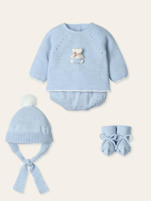 Picture of Mac Ilusion Baby Sonar Collection Boys Knitted Teddy Sweater Bottoms Hat Booties Set X 4 - Cloud Blue 