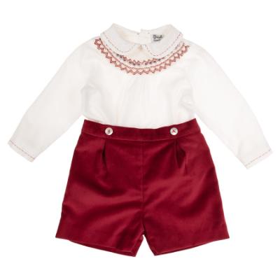 Picture of Sarah Louise Boys Smocked Blouse & Velvet Short Set - White Burgundy