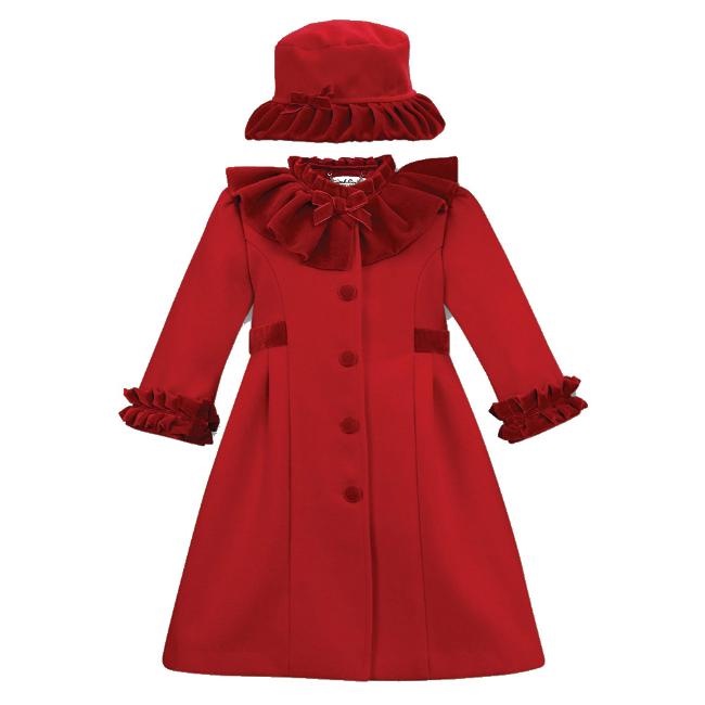 Picture of Sarah Louise Girls Winter Coat & Hat Set with Velvet Ruffles X 2 - Red