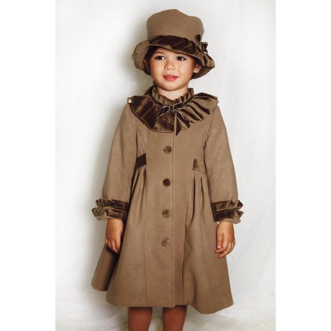 Picture of Sarah Louise Girls Winter Coat & Hat Set with Velvet Ruffles X 2 - Camel