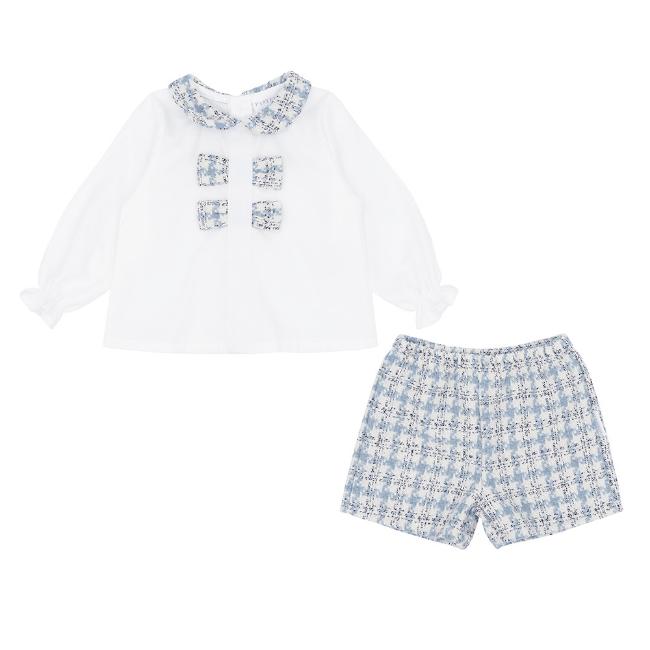 Picture of Pastels & Co Girls Cool Checks Cassie Blouse & Shorts Set X 2 - Ivory Ice Blue