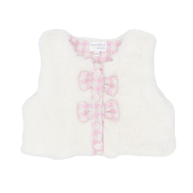 Picture of Pastels & Co Girls Cool Checks Cate Bow Faux Fur Gilet - Ivory Pink 