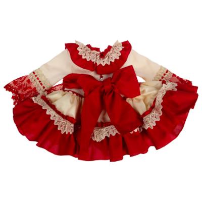 Picture of Ela Confeccion Girls Ruffle Dress Panties Bonnet Set X 3 - Ivory Red