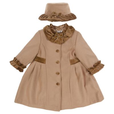 Picture of Sarah Louise Girls Winter Coat & Hat Set with Velvet Ruffles X 2 - Camel