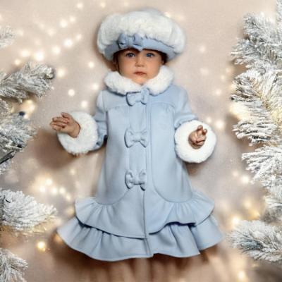 Picture of Sarah Louise Girls Winter Coat & Hat Set With Faux Fur Trim X 2 - Pale Blue Ivory