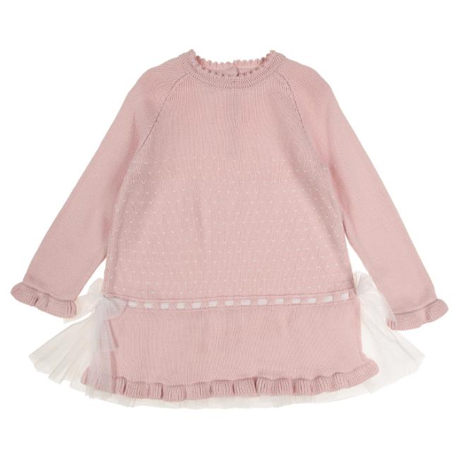 Picture of Granlei  Girls Winter Knit Dress With Tulle Bows - Dusky Pink Ivory