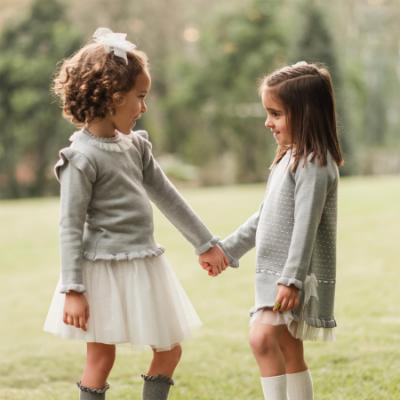 Picture of Granlei  Girls Winter Knit Dress With Tulle Bows - Dusky Pink Ivory