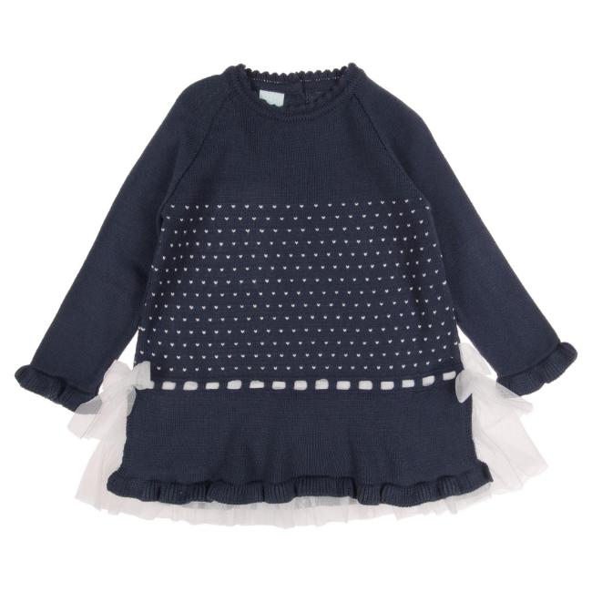 Picture of Granlei  Girls Winter Knit Dress With Tulle Bows - Navy Blue Ivory