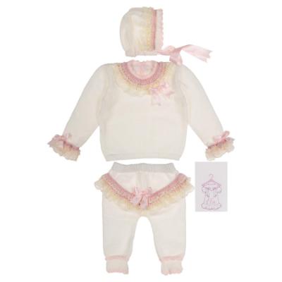 Picture of Ela Confeccion Baby Girls Knitted 3 Piece Set - Ivory Pink