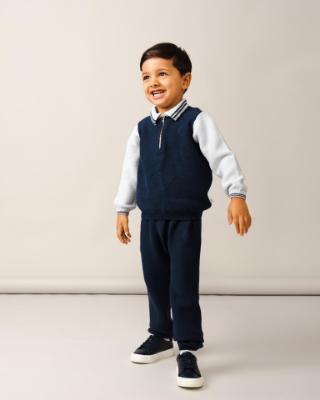 Picture of Caramelo Kids Boys Knitted Zip Neck Polo Set - Navy Grey