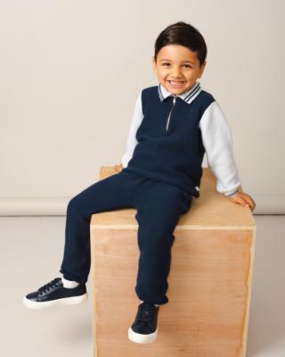 Picture of Caramelo Kids Boys Knitted Zip Neck Polo Set - Navy Grey