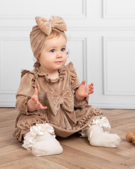 Picture of Caramelo Kids Baby Girls Velour Tiered Dress & Pearl Turban Set X 2 - Mink Beige