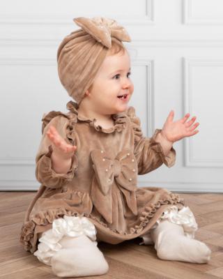 Picture of Caramelo Kids Baby Girls Velour Tiered Dress & Pearl Turban Set X 2 - Mink Beige