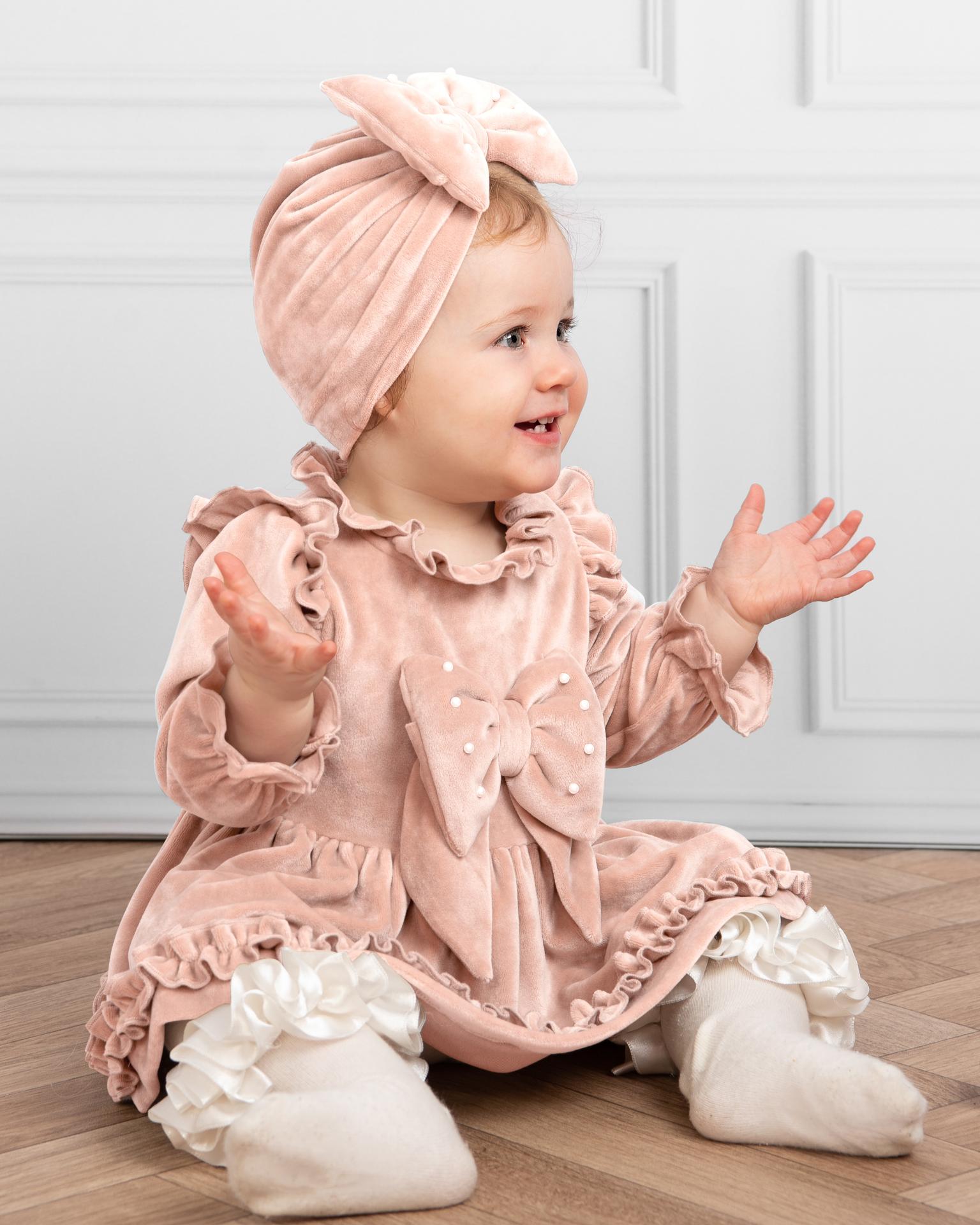 Caramelo Kids Baby Girls Velour Tiered Dress Pearl Turban Set X 2 Pink