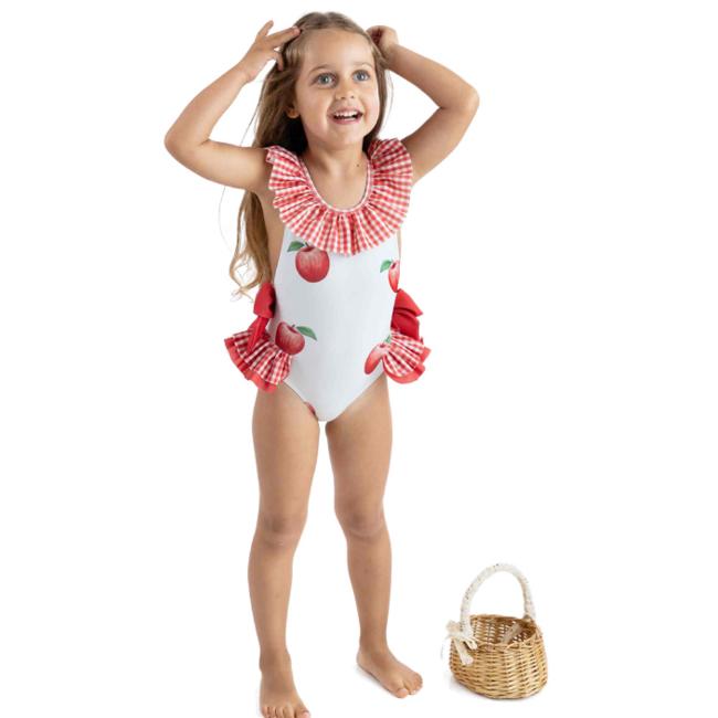 Picture of Meia Pata Girls Salerno Apples Swimsuit - White Red Gingham