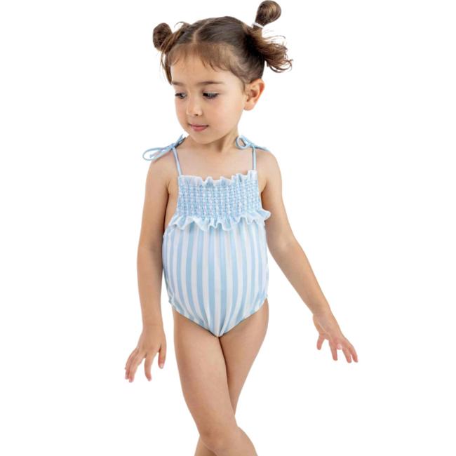 Picture of PRE ORDER Meia Pata Baby Girls Blue Stripes Marini Smocked Swimsuit - White Blue