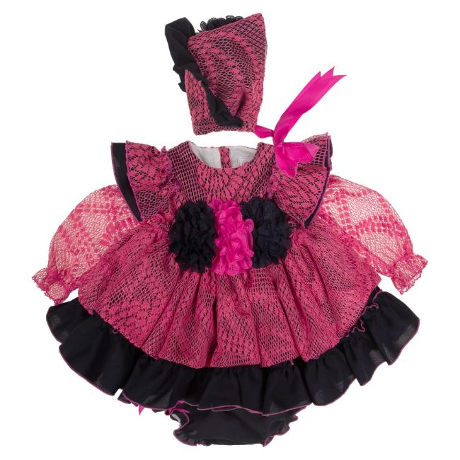 Picture of Ela Confeccion Girls Cristal Ruffle Dress Panties Bonnet Set X 3 - Coral Navy Blue