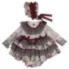 Picture of Ela Confeccion Girls Charlotte Ruffle Dress Panties Bonnet Set X 3 - Grey Burgundy