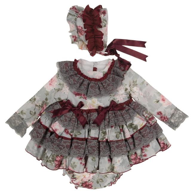 Picture of Ela Confeccion Girls Charlotte Ruffle Dress Panties Bonnet Set X 3 - Grey Burgundy