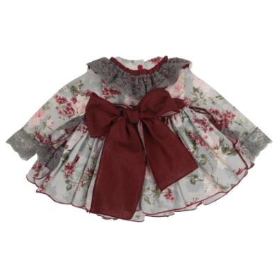 Picture of Ela Confeccion Girls Charlotte Ruffle Dress Panties Bonnet Set X 3 - Grey Burgundy