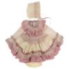 Picture of Ela Confeccion Girls Rosa Ruffle Dress Panties Bonnet Set X 3 - Ivory Dark Pink