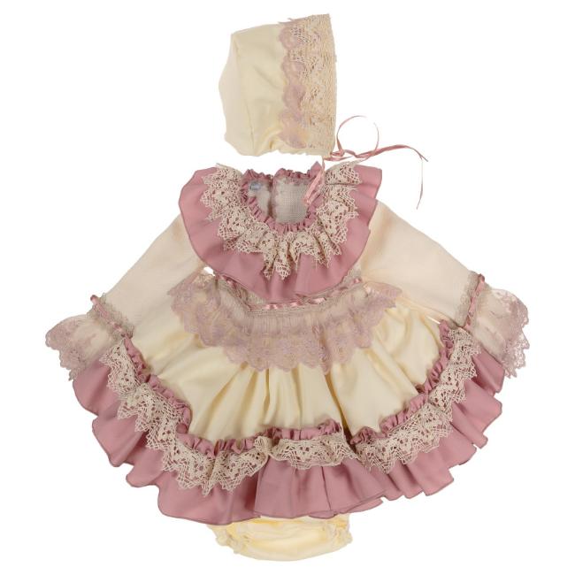 Picture of Ela Confeccion Girls Rosa Ruffle Dress Panties Bonnet Set X 3 - Ivory Dark Pink