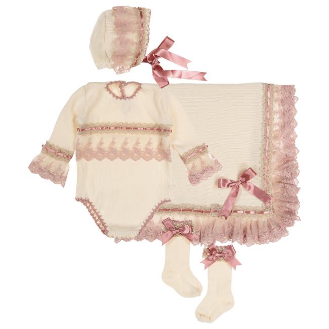 Picture of Ela Confeccion Baby Girls Knitted 4 Piece Lace Set - Ivory Dark Pink