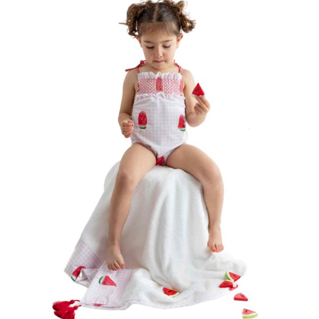 Picture of Meia Pata Baby Girls Marini Smocked Watermelon Swimsuit - White Red 