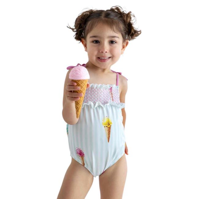 Picture of Meia Pata Baby Girls Ice Cream Marini Smocked Swimsuit - White Pink