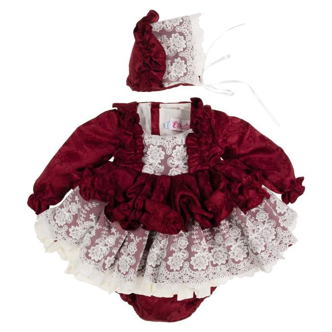 Picture of Ela Confeccion Girls Lace Ruffle Dress Panties Bonnet Set X 3 - Burgundy White