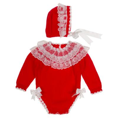 Picture of Ela Confeccion Baby Girls Knitted 2 Piece Romper & Bonnet Set - Red White