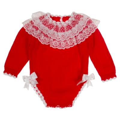 Picture of Ela Confeccion Baby Girls Knitted 2 Piece Romper & Bonnet Set - Red White